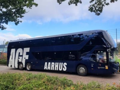 Buskørsel i Aarhus - AGF dobbeltdækkerbus.